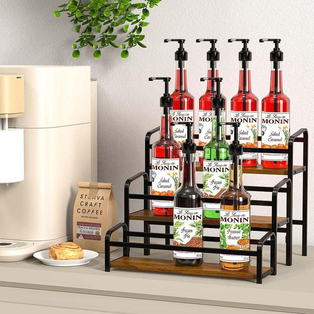 Matte Black Wood Finish 3-Tier Coffee Syrup Drawer Organizer with ...