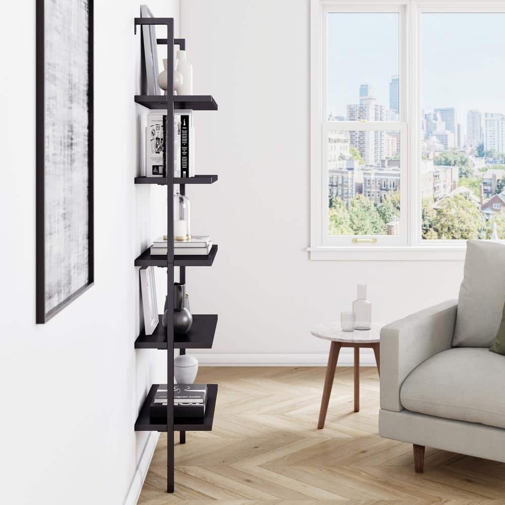 Matte Black Wood 73" Industrial Ladder Bookcase