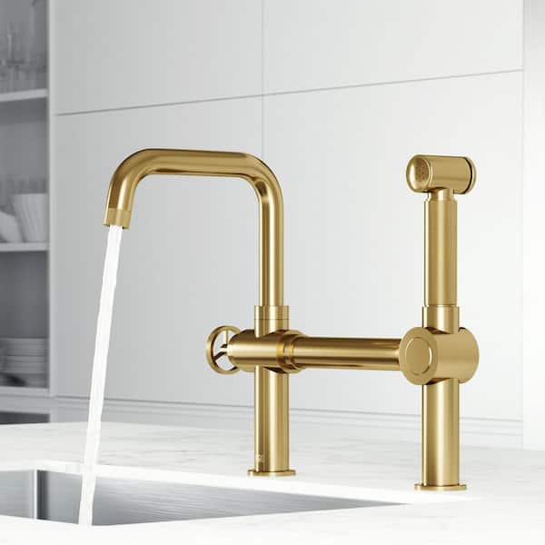 Cass Single-Handle High-Arc Widespread Bridge Kitchen Faucet with Pull-Out Side Sprayer in Matte Brushed Gold