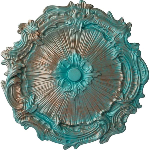 Ekena Millwork 1-3/8 in. x 16-3/4 in. x 16-3/4 in. Polyurethane Plymouth Ceiling Medallion, Copper Green Patina
