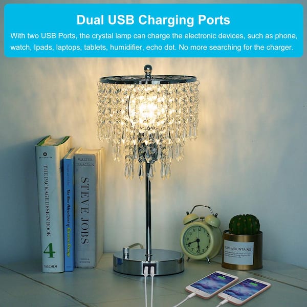 17 in. Chrome LED Integrated Table Lamp with 3-Way Dimmer Rotary Switch and Dual USB Charging Ports