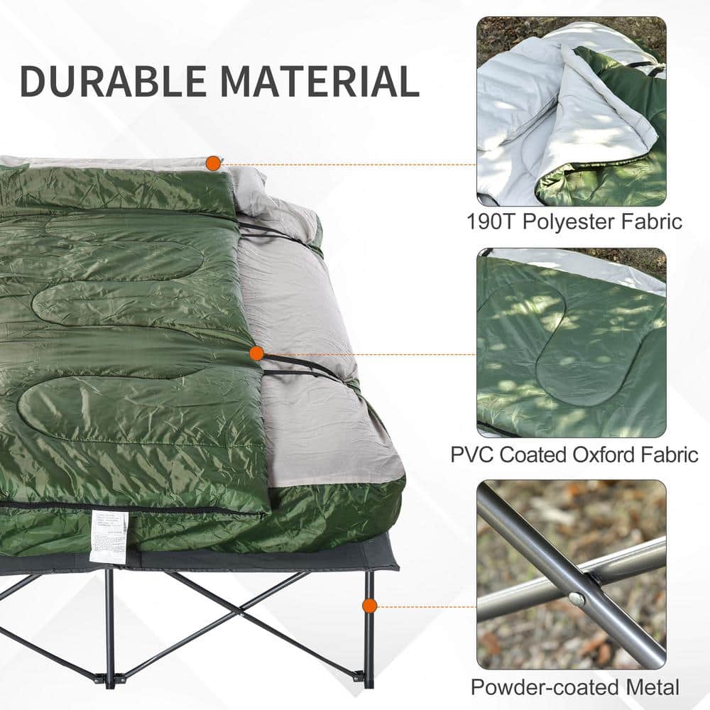 Outsunny Green 2-Person Folding Camping Cot with Air Mattress and Pillows