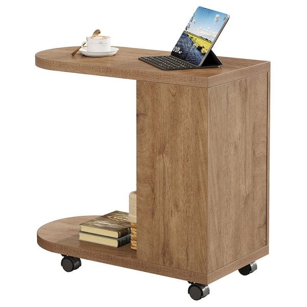 Calvin 27.56" Narrow Brown C-Shaped Over Couch Tray Wood Sofa Side End Table Mobile Nightstand 2 tier Storage Shleves