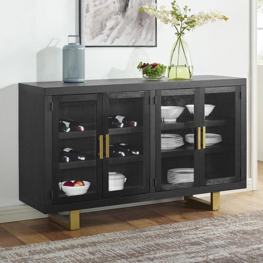 Contemporary Yves 60" Black and Gold Sideboard with Glass Doors
