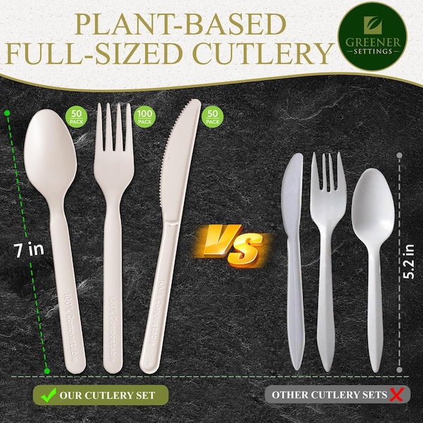 4C Flatware Compostable Cutlery Set - 200 PC Plant Based Utensils:  [75-50-25-50] Compostable Forks Spoons Knives Straws, Non-Plastic  Silverware To Go