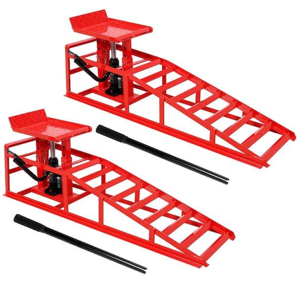 2 Pack Red Steel Auto Car Truck Service Ramps Lifts with Pedal, Lift Hydraulic Ramps 5 Ton