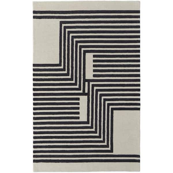 Black and Ivory 2 ft. x 13 ft. Abstract;Geometric Area Rug