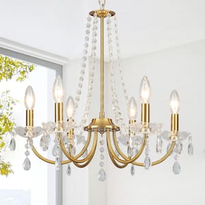 6-Light Gold Bronze Traditional Candle Style Crystal Chandelier for Dining Room Living Room with No Bulbs Included