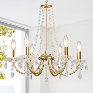 6-Light Gold Traditional Candle Style Crystal Chandelier for Dining Room Living Room with No Bulbs Included