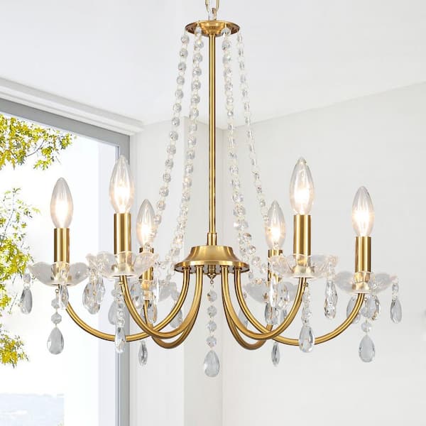 ZJVAIVE 6-Light Gold Traditional Candle Style Crystal Chandelier for Dining Room Living Room with No Bulbs Included