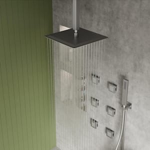 Thermostatic 5-Spray 12 in. Ceiling Mount Dual Shower Head and Handheld Shower in Brushed Nickel (Valve Included)