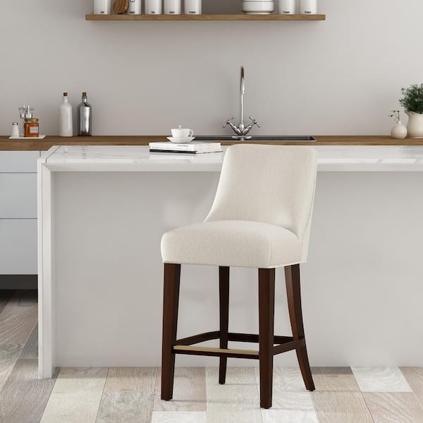 Beever Modern 27.4 in. Cream Wood Frame Counter Stool with Chenille Fabric Upholstered Seat