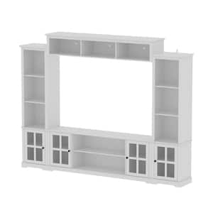 White Wooden TV Stand Fits TV's up to 75 in. with Open Shelves and Tempered Glass Door Cabinet
