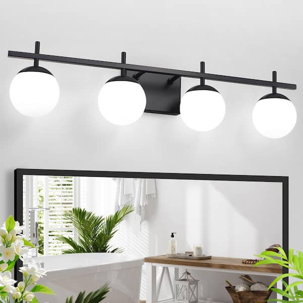 31.5 in. 4-Light Black Vanity Light with White Frosted Glass Shades