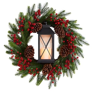 28 in. Green Pre-Lit Berries and Pine Artificial Christmas Wreath with Lantern and Included LED Candle