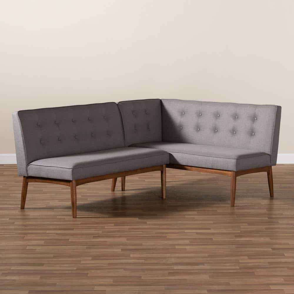 Gray Tufted Linen Two-Piece Armless Wood Banquette Set