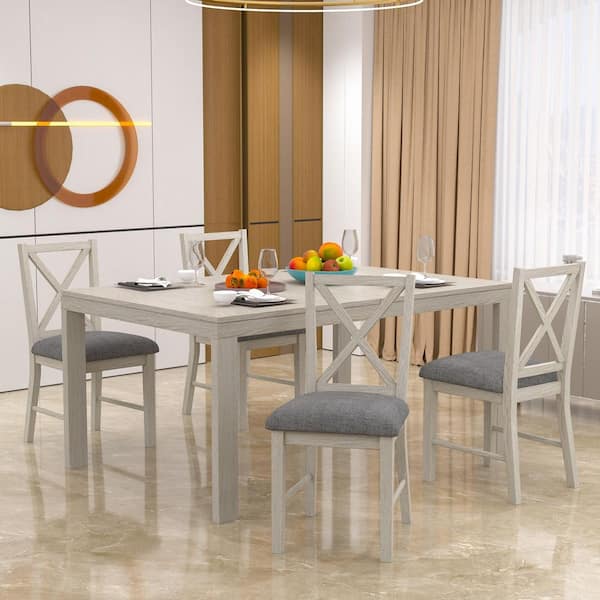 5-Piece Extendable Dining Table Set with Upholstered X-Back Chairs, Farmhouse Wood Top for Dining Room, Gray Set for 4