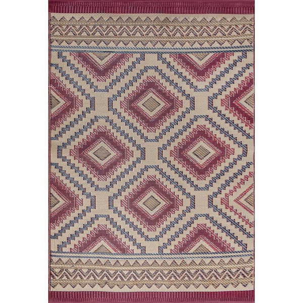 Tayse Rugs Sunset Burgundy 6 ft. x 9 ft. Geometric Indoor/Outdoor Area Rug