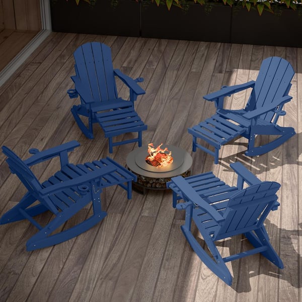 Navy Folding Adirondack Rocking Chair, 4-in-1 Multifunctional PatioChair with Retractable Ottoman (4-Pack)
