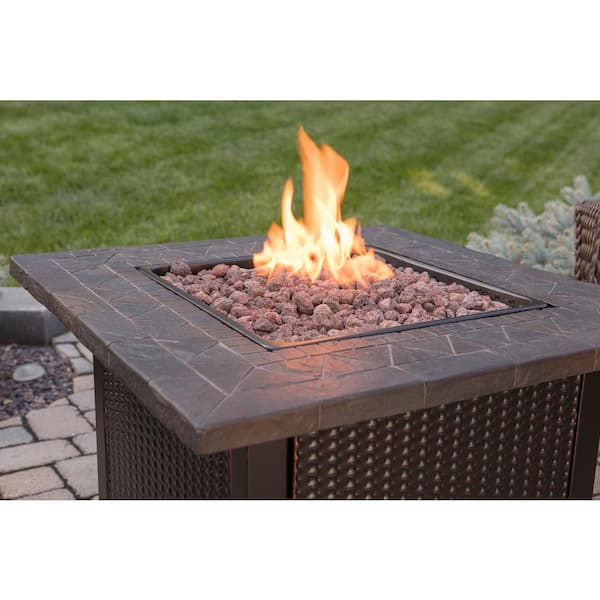 Endless Summer 30 In W Bronze Finish Steel Base Faux Slate Mantel Lp Gas Fire Pit With Electronic Igition And Lava Rocks Gad1401m The Home Depot