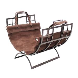 20.5 in. L Roman Bronze and Brown Arts and Craft Firewood Rack with Suede Carrier