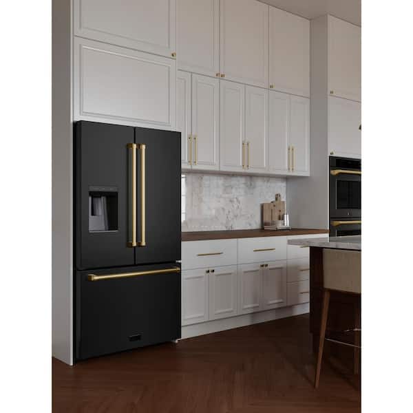 36 in. 3-Door French Door Refrigerator w/ Ice and Water Dispenser in Black Stainless Steel and Polished Gold Handles