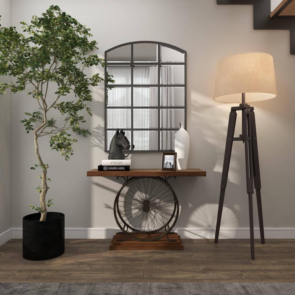 Industrial Brown Wood and Metal Wheel Console Table with Storage