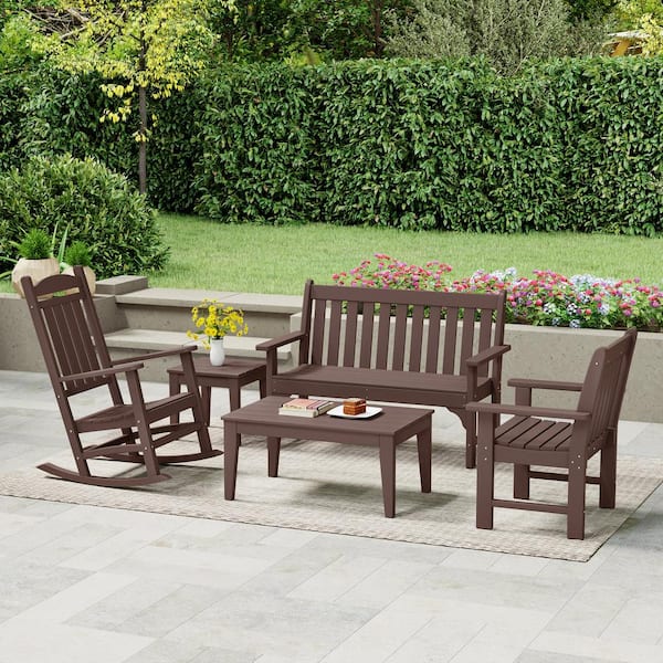 Laguna Outdoor Patio HDPE All Weather Fade Resistant 5-Piece Bench and Rocking Chair Conversation Set in Dark Brown