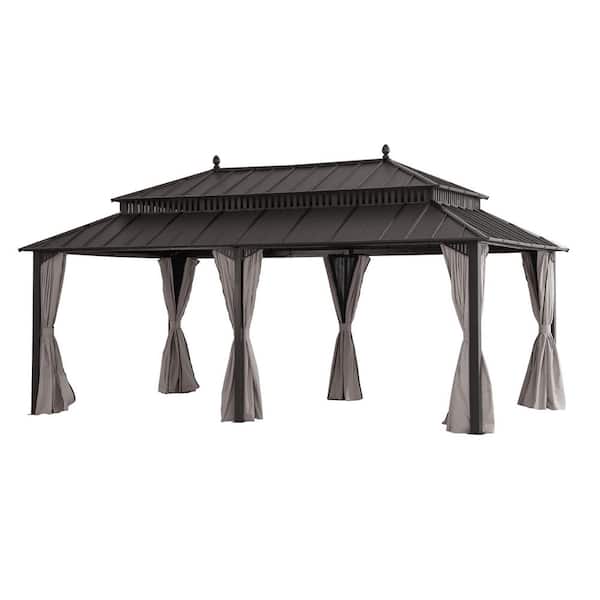 20 ft. x 12 ft. Kingston Aluminum Frame Steel Double Roof Hardtop Rectangular Gazebo with Curtain and Netting, Brown