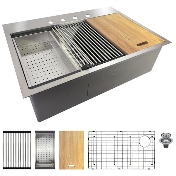 Workstation 32 in. Drop-in Single Bowl Stainless Steel 4-Hole Kitchen Sink with Accessories