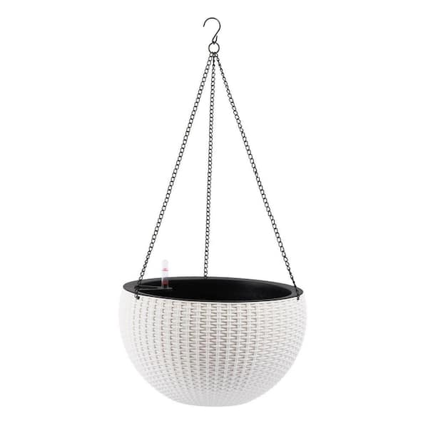 13 in. W Plastic Rattan Hanging Round Planter Set with Self-Watering System In White (2-Packs)