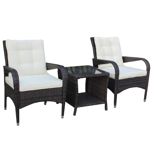URTR 3-Piece PE Wicker Patio Conversation Set Balcony Outdoor Rattan Furniture Set Table and Dining Chair with Beige Cushion