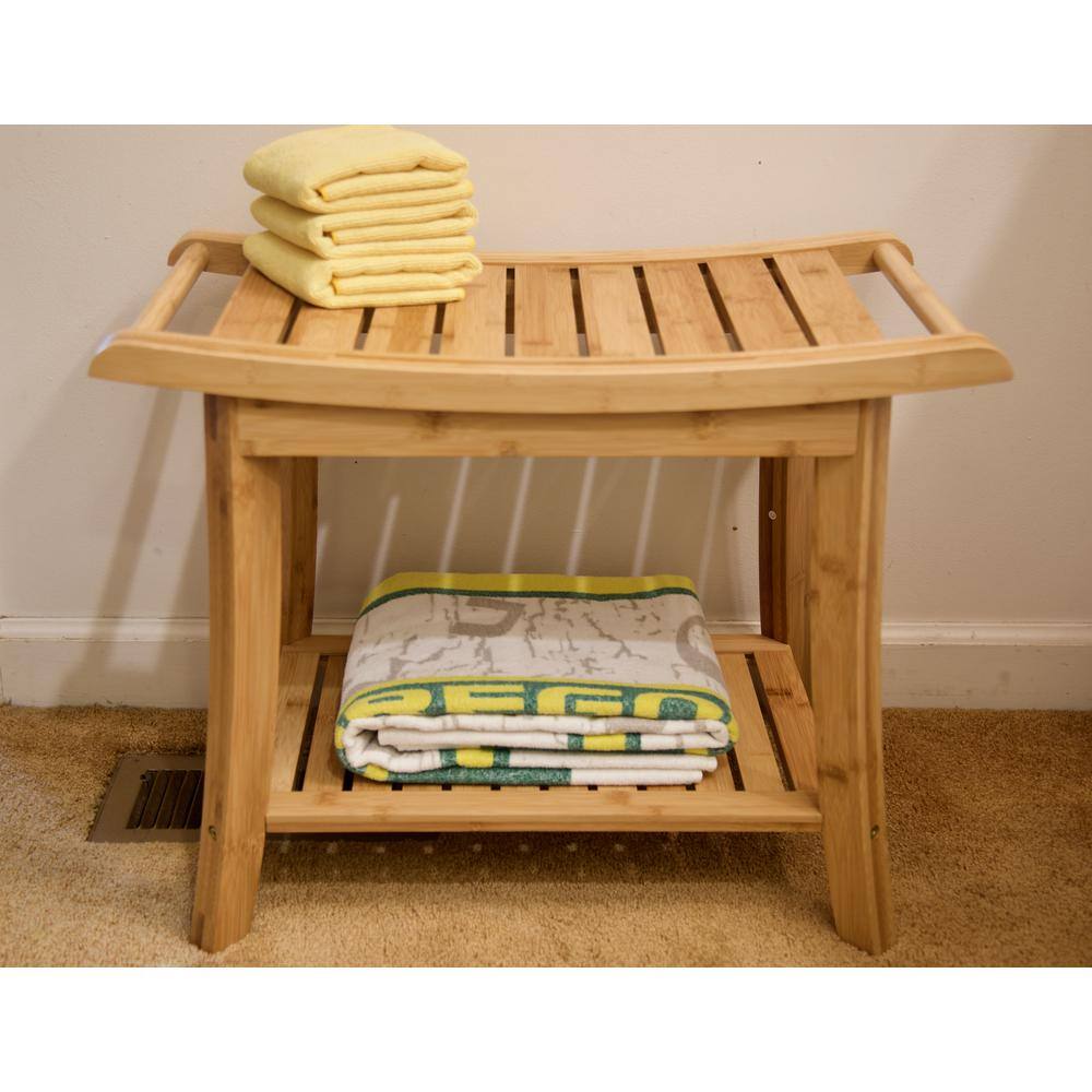 Natural Bamboo Spa Style Bench with Storage Shelf
