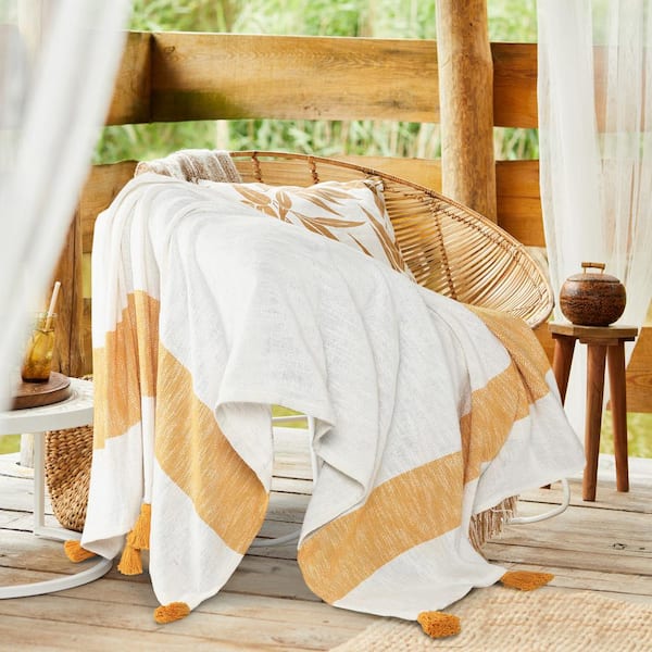 Cotton Blanket Yellow Boho Throw Blanket Bed Mustard And White