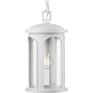 Gables Collection 14.125 in. 1-Light Satin White Coastal Outdoor Hanging Lantern with Clear Glass Shades for Bath