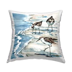 Sandpipers Among Seashells Blue Print Polyester 18 in. x 18 in. Throw Pillow