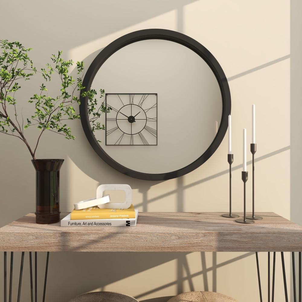 30" Modern Round Wall Mirror with Sleek Wooden Frame