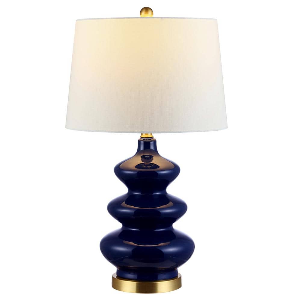 Navy Ceramic Triple Gourd Table Lamp with White Shade