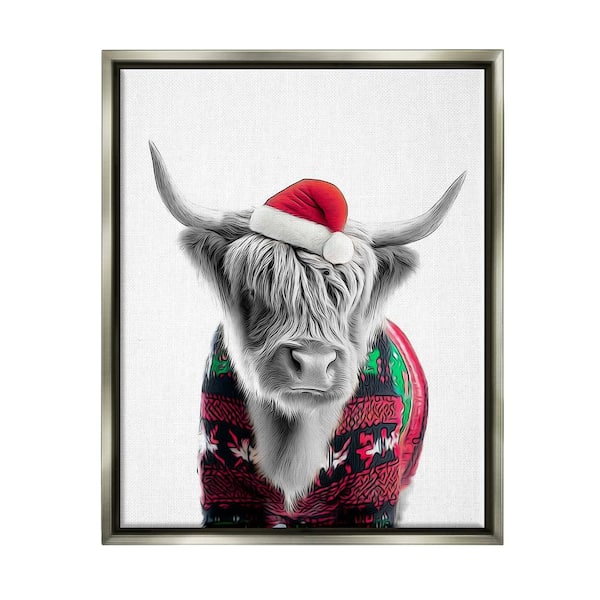 Stupell Industries Cow in Christmas Sweater by Annalisa Latella 1 Piece Floater Frame Graphic Print Animal Poster Art Print 21 in. x 17 in.