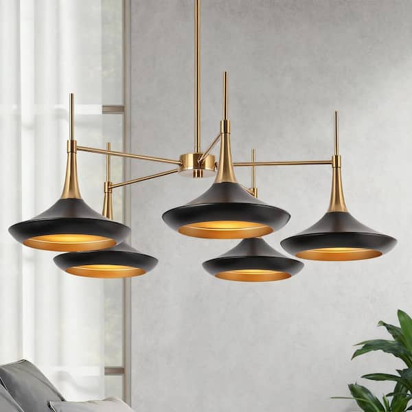 Phapri Modern Black Island Chandelier with Bell Metal Shades for Kitchen 5-Light Plated Brass Dining Hanging Pendant