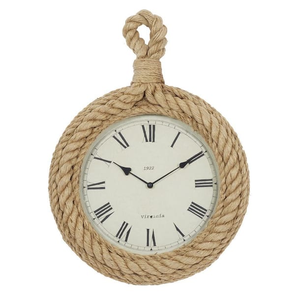 Litton Lane 17 in. x 23 in. Beige Jute Rope Wall Clock with Rope Detailing