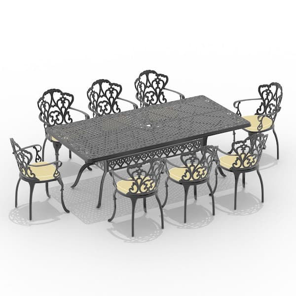 9-Piece Black Cast Aluminum Patio Outdoor Dining Set with Rectangular Table and 8 Chairs with Beige Cushions