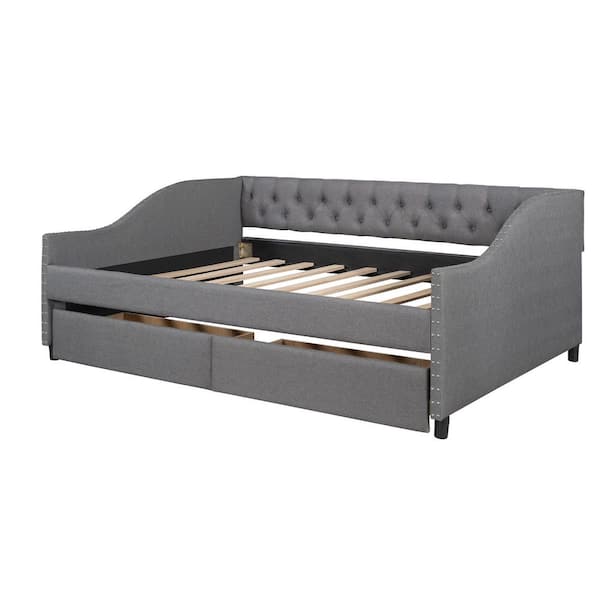 Gray Wood Frame Full Size Daybed with 2 Drawers, Wood Slat Support