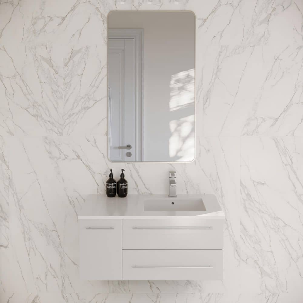 White 36" Wall-Mount Vanity with Quartz Top and Ceramic Sink
