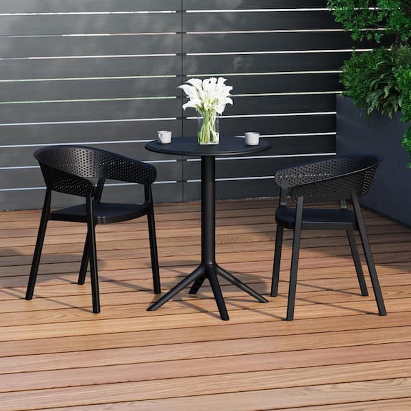 Frond and Form Outdoor Patio Modern HDPE Plastic 3-Piece Indoor/Outdoor Bistro Set w/ Stackable Chairs, Black