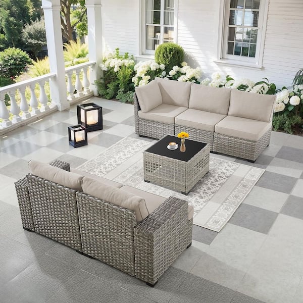 ModuVine Taupe 6-Piece Wicker Outdoor Sectional Set Patio Coversation Sofa with Beige Cushions and Coffee Table