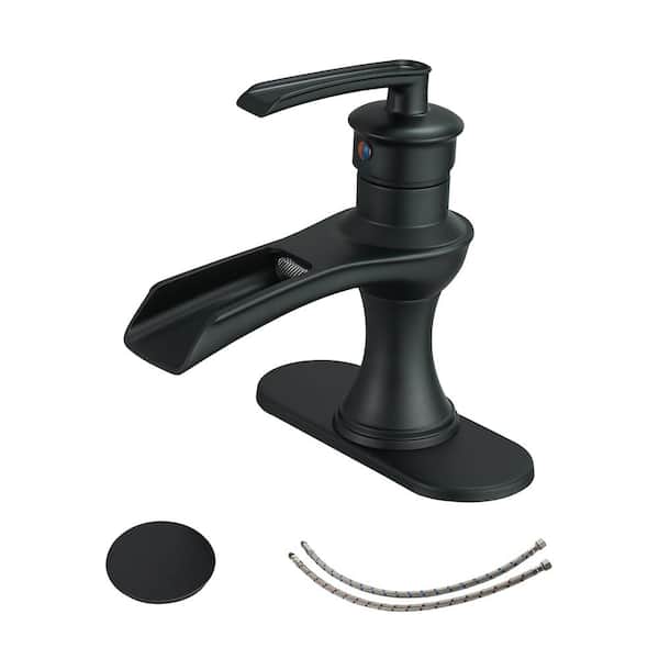 FORCLOVER Single-Handle Low-Arc Single Hole Waterfall Bathroom Faucet with Pop-Up Drain Assembly in Matte Black