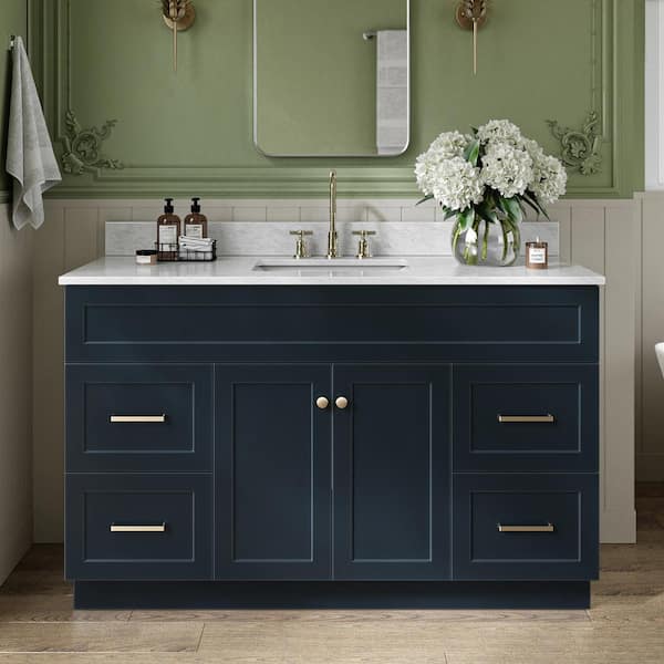 ARIEL Hamlet 55 in. W x 22 in. D x 35.25 in. H Freestanding Bath Vanity in Midnight Blue with White Marble Top