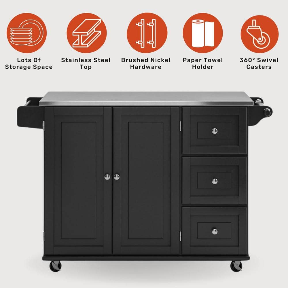 Stainless Steel Top Rectangular Kitchen Cart with Spice Rack and Storage, Black