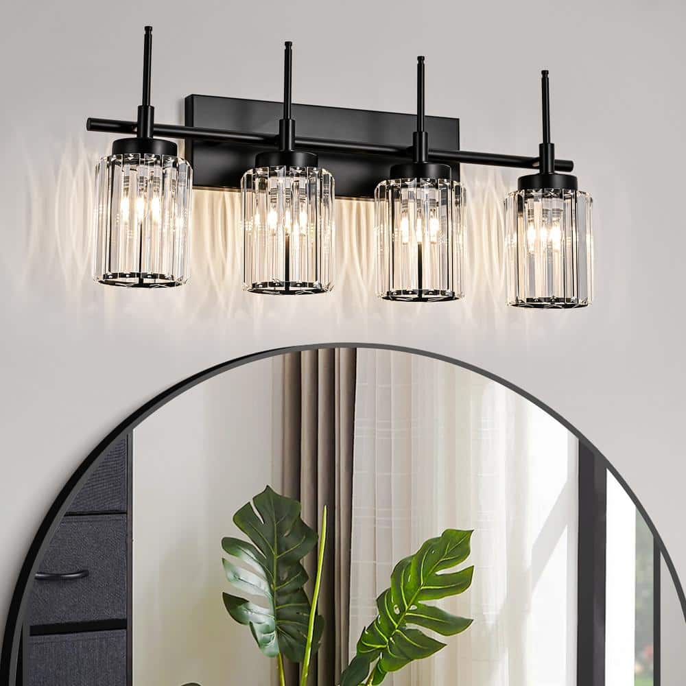 Orillia 27.17 in. 4-Light Modern Industrial Black Bathroom Vanity Light with Crystal Cylinder Shades price history on PriceWatchPro